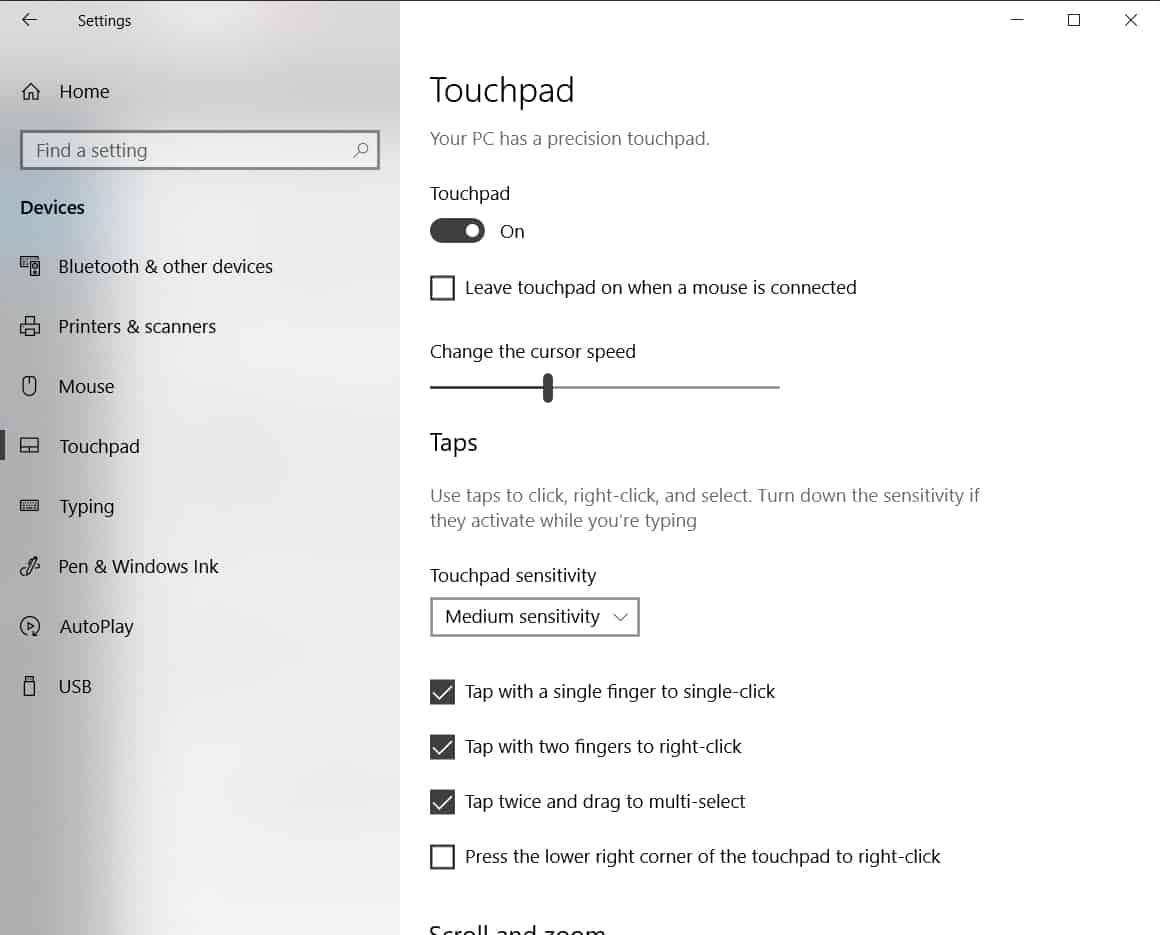 Windows 10 Touchpad Settings