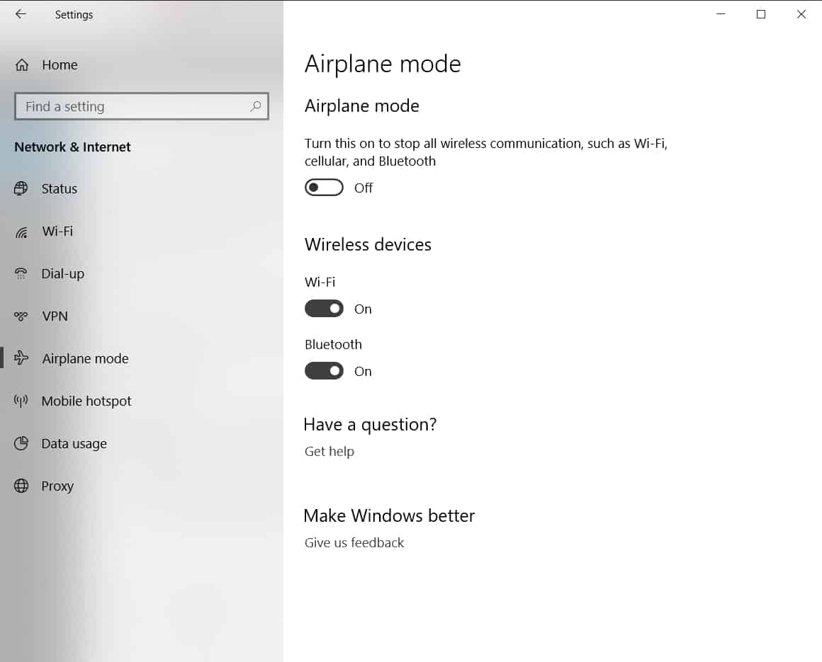 airplane mode windows 10