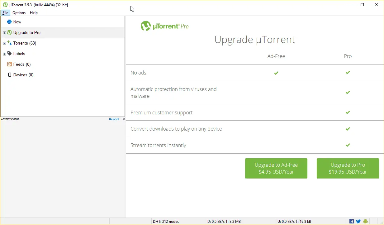 uTorrent 3.5.3 (build 44494) [32-bit] on Windows 10