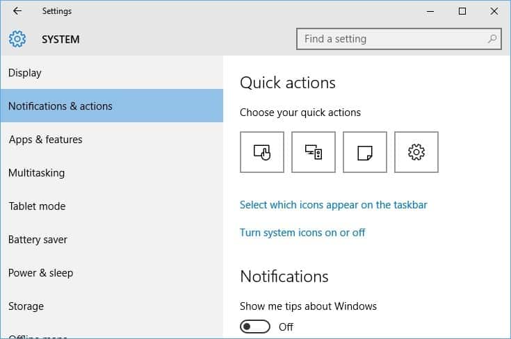 Notifications and Icons Windows 10