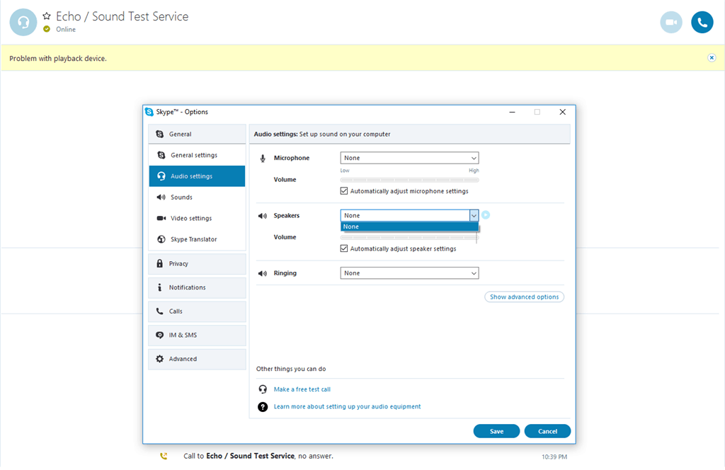 Problem with playback Device Error on Skype