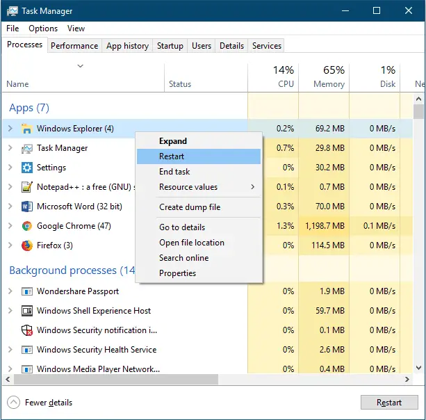 Restart Windows Explorer - task manager