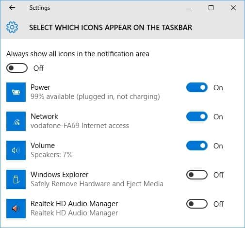 Select Which Icons Appear on the taskbar - Windows 10