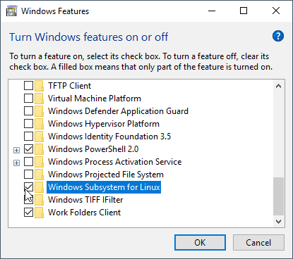 Windows 10 October 2018 Subsystem for Linux Windows Features
