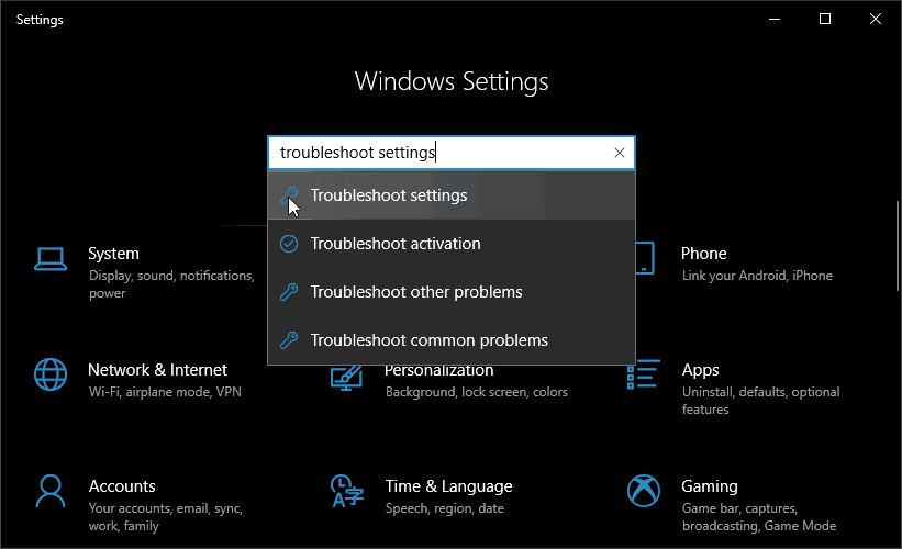 Windows Settings Troubleshoot