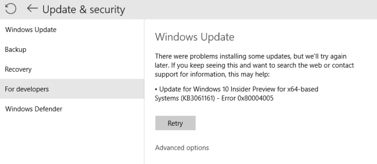 Error 0x80004005 Windows Update on Windows 10