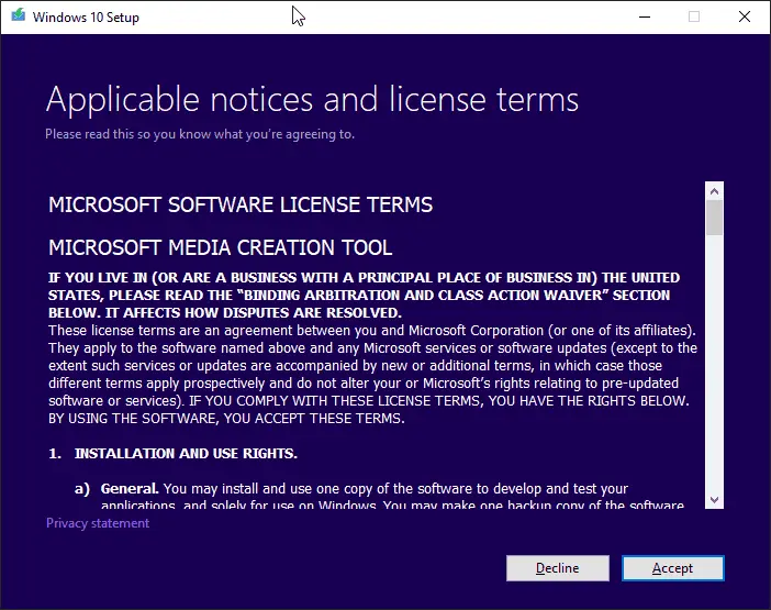 Accept License Terms-Windows 10 Setup