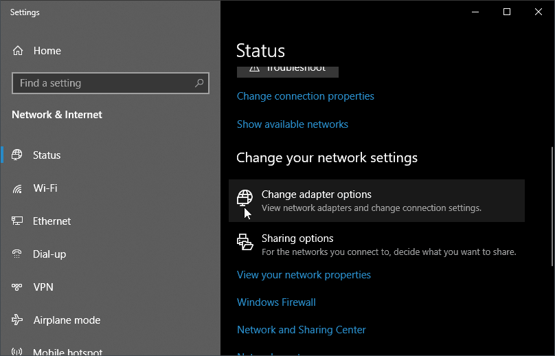 Change adaptor options Settings