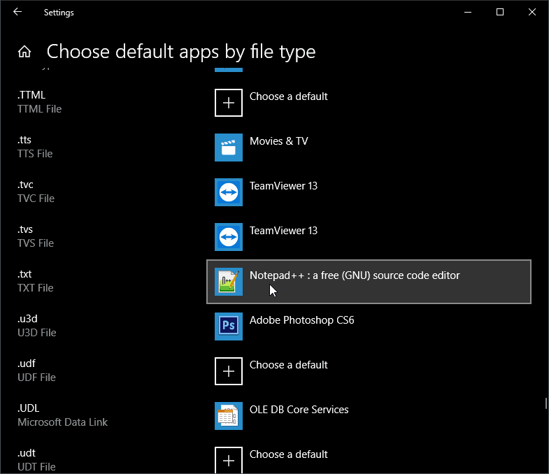 Choose default apps by file type Settings