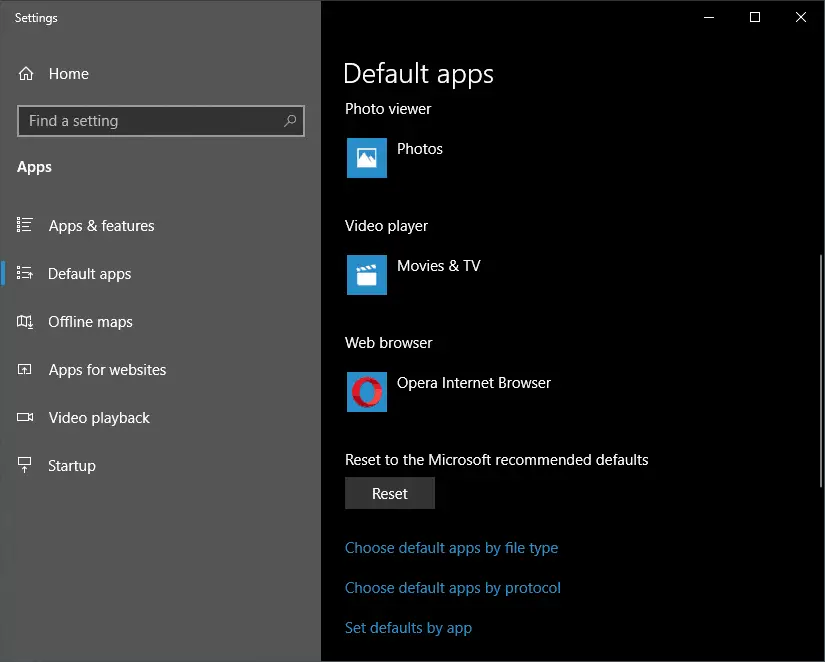 Windows 10 Default Apps Settings