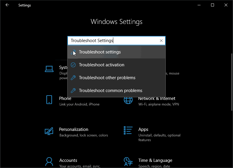 Troubleshoot Settings- Windows Settings