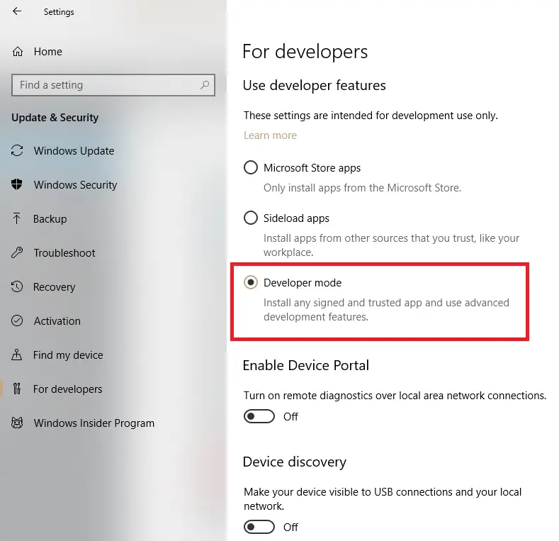 Developer mode option in Windows settings