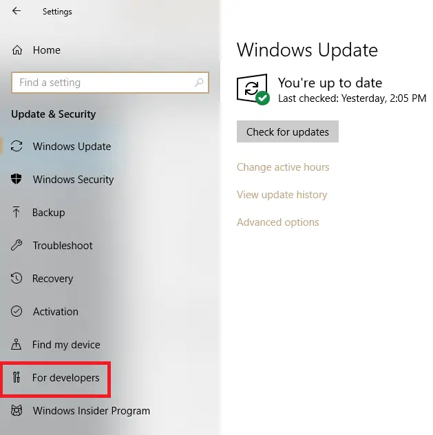 For developers option in Windows settings