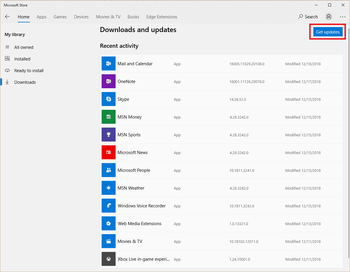 Get updates option in Microsoft store