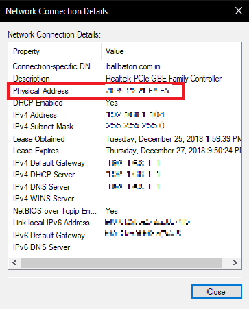 MAC address found using Control panel