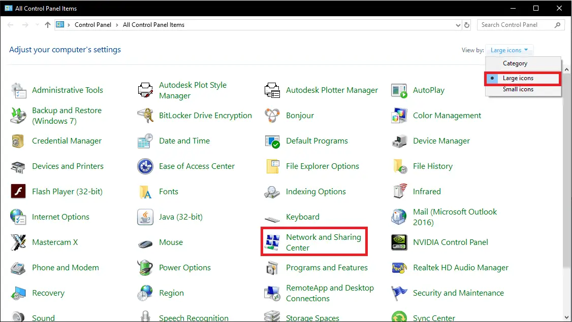 Network and Sharing center option in control panel