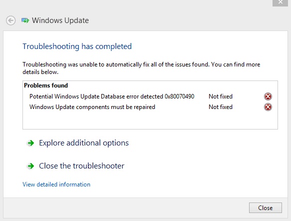 Potential Windows Update Database error detected 0x80070490