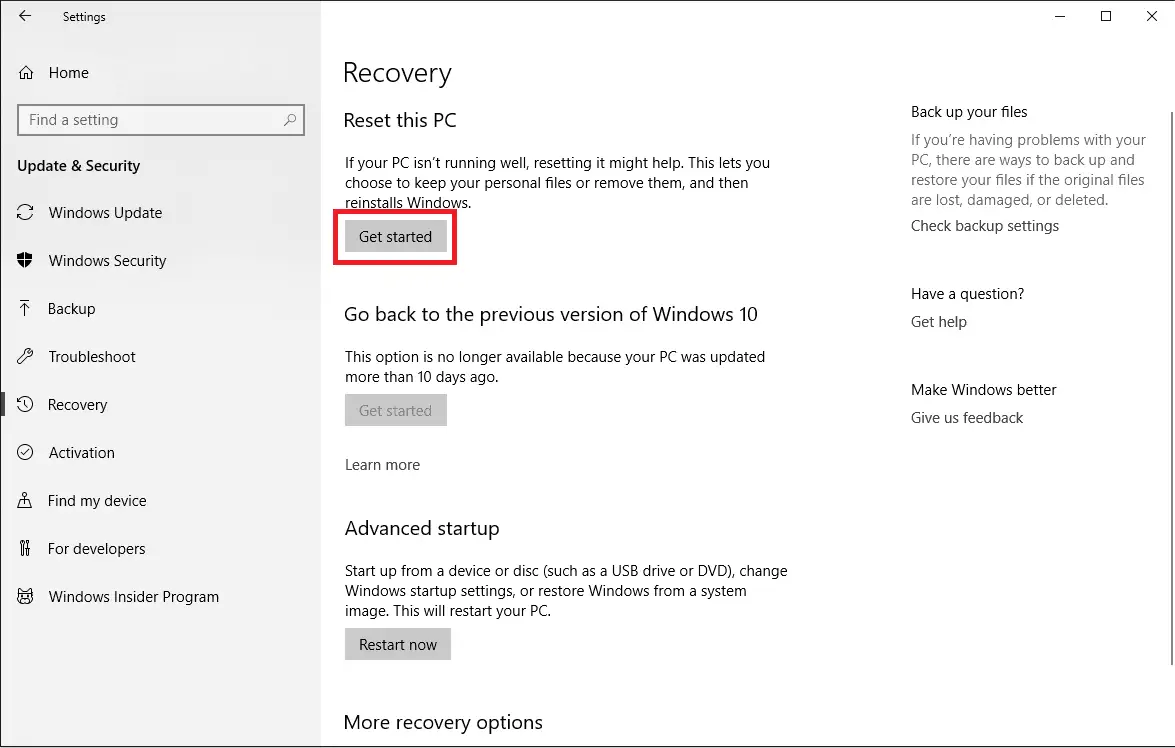 Reset this PC feature in Recovery options