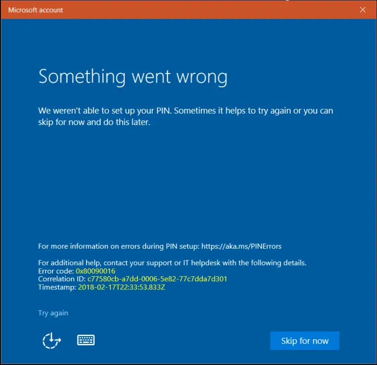 Something went wrong - Error Code 0x80090016