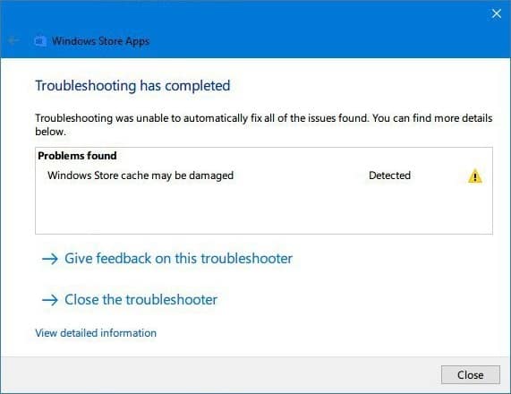 Windows Store cache may be damaged