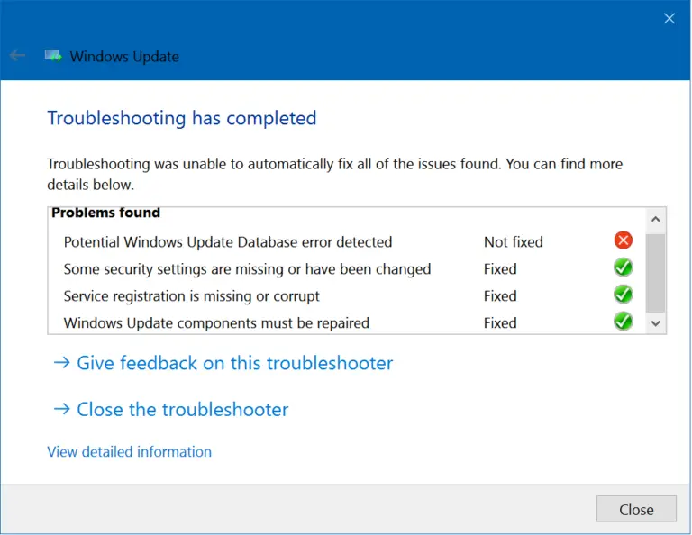 Windows Update Troubleshooter - Update Database Error Detected - Windows 10