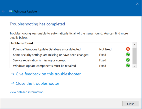 Windows Update Troubleshooter - Update Database Error Detected - Windows 10