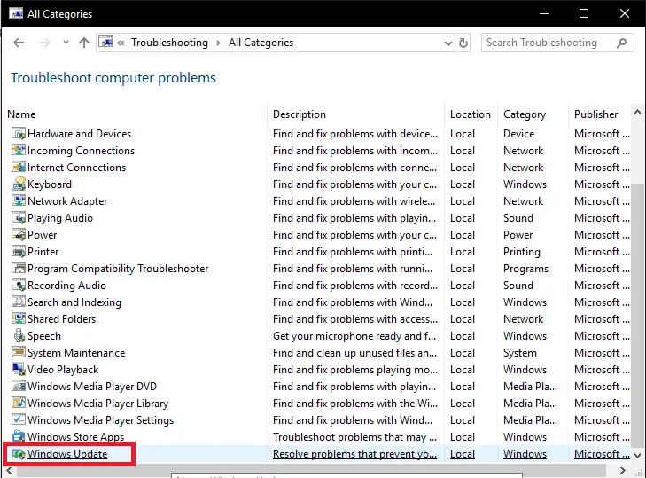 Windows update troubleshooting option