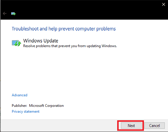 Windows update troubleshooting window.