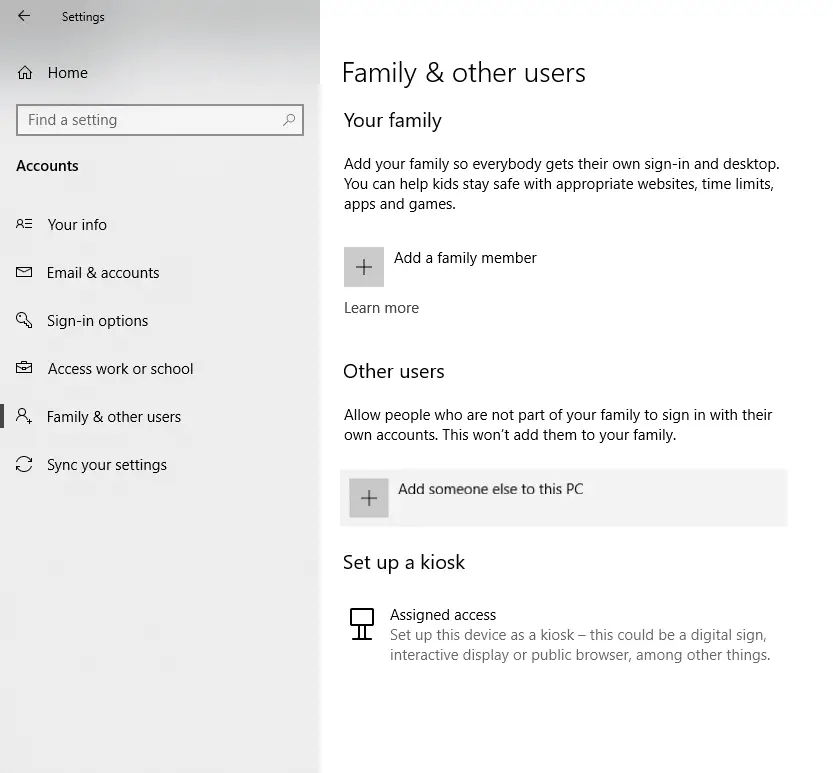 Windows 10 Accounts Setting