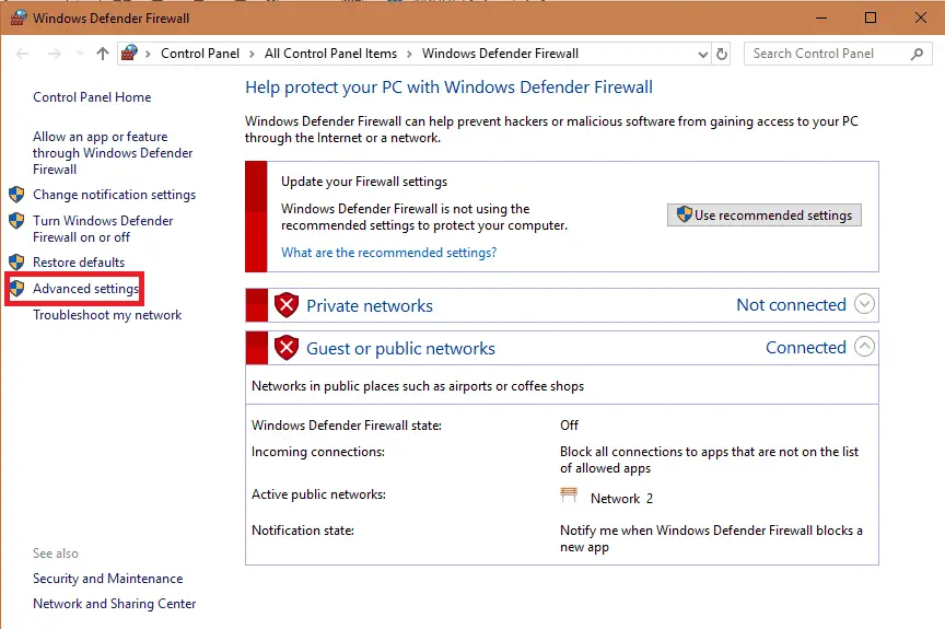 Advanced settings in Windows Firewall