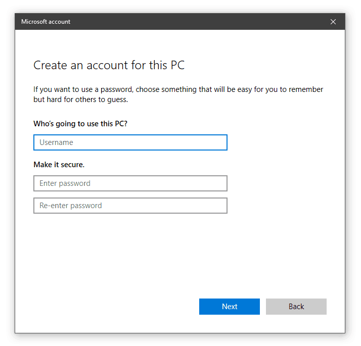 Create an account for this PC Windows 10