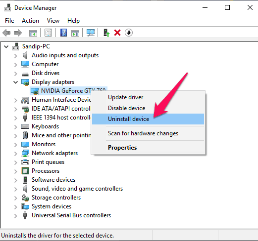 Device Manager -Uninstall Nvidia Device