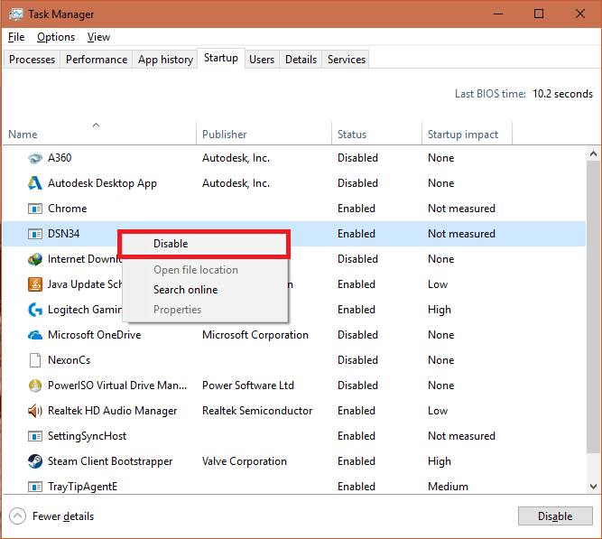 Disable a startup program from task manager