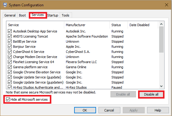 Disable services in system configuration