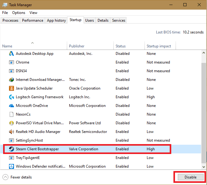 Disable startup service in task manager