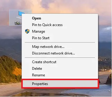 Properties option in This PC menu