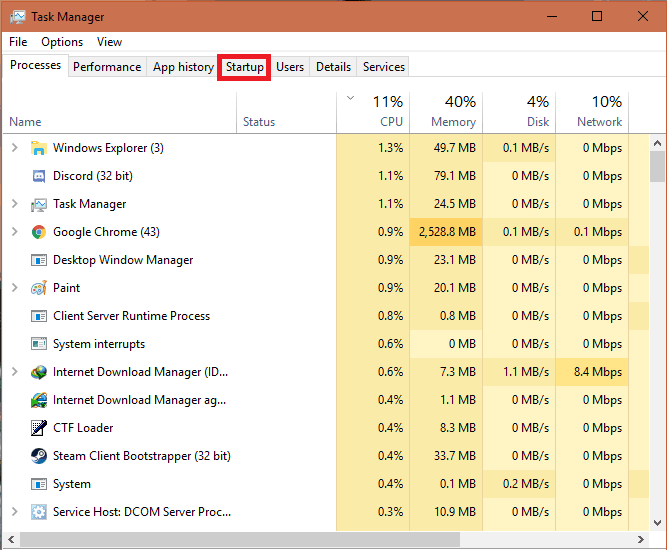 Startup option in task manager