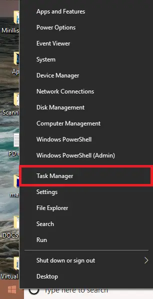 Task manager option in start menu