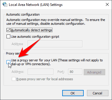 Uncheck Proxy in Local Area Network (LAN) Settings