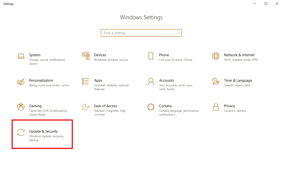 Update and security option in windows settings