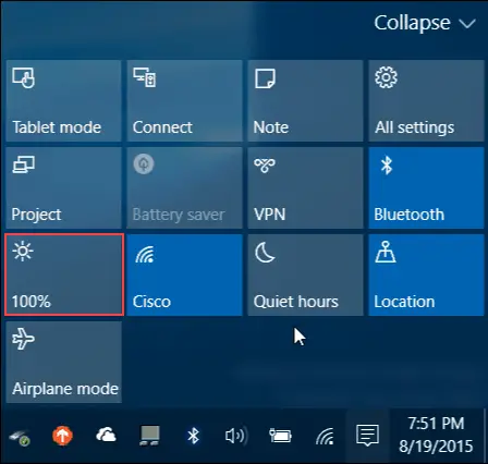 Windows 10 Action Center Adjust Brightness