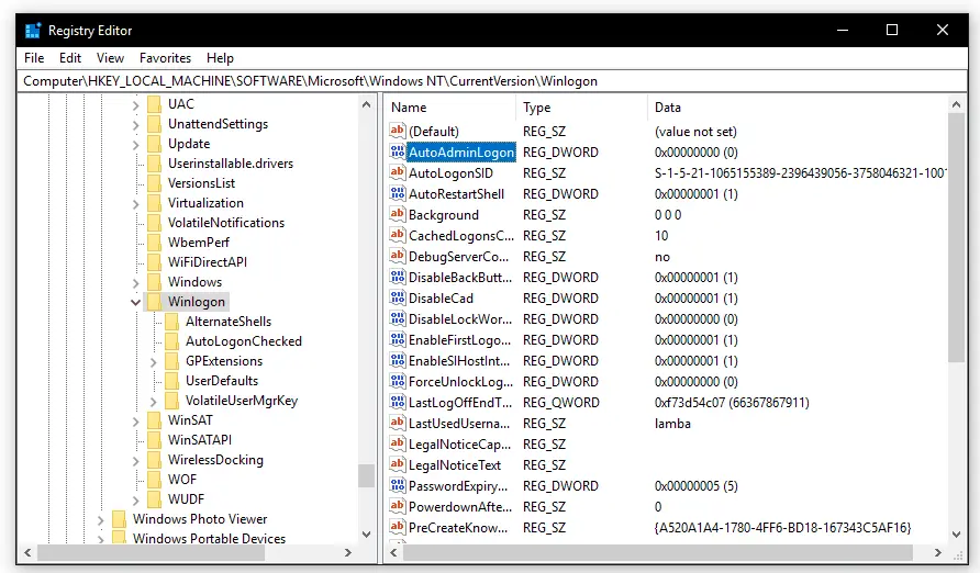 Windows 10 Registry Editor - Winlogon
