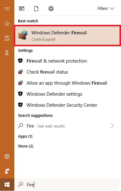 Windows defender Firewall result