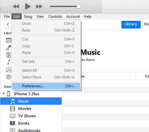 iTunes Edit Menu