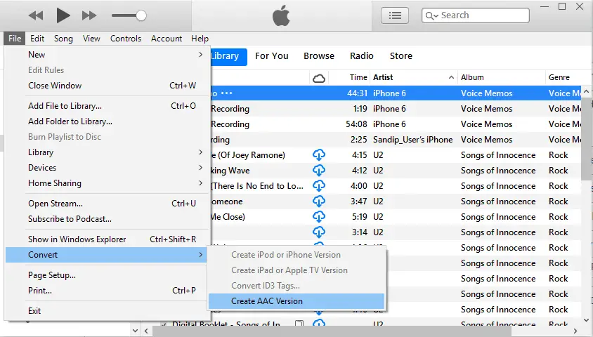 iTunes File - Convert - Convert to AAC