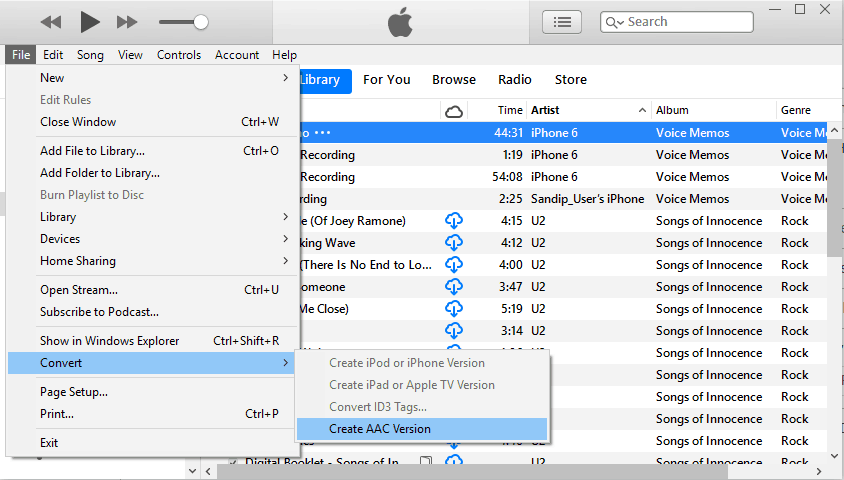 iTunes File - Convert - Convert to AAC