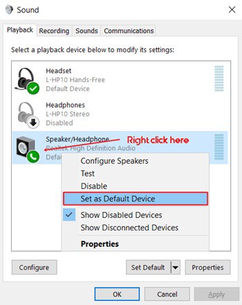 Make Speaker Default Device