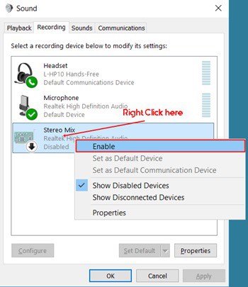 Enable Stereo Mix (Realtek Audio HD)