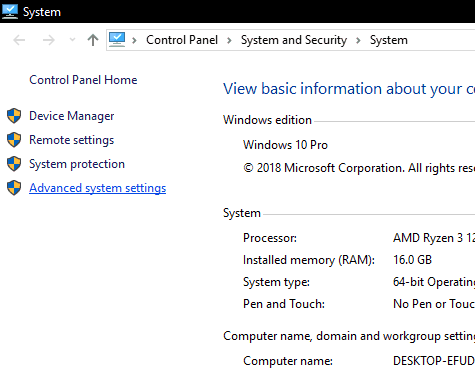 Advanced System Settings Windows 10
