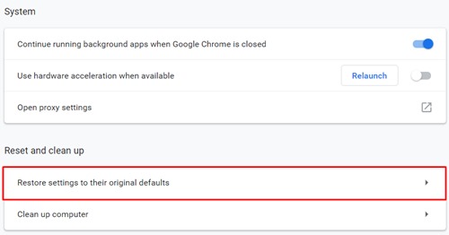 Reset google chrome settings